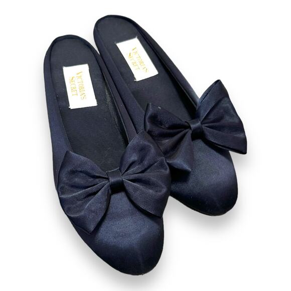 Victoria's Secret Gold Label Navy Blue Satin Bow Heeled Slip Ons Women's Size 7 - Picture 1 of 9